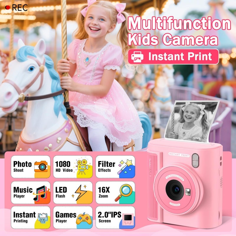 zicor Kids Camera Instant Print for 3-12 Year Olds, HD Digital Instant Print Camera for Boys & Girls, Ideal Christmas Birthday Gift with 32GB SD Card, Easy to Use - Pink - Image 2